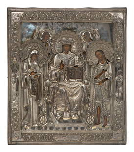 A Russian Silver Oklad Icon: A Russian Silver Oklad Icon 1st Artel, Moscow, Early 20th Century depicting Christ enthroned. marked with 84 standard lower center Height 17 1/2 x width 15 inches. This lot is located in Palm Beach.