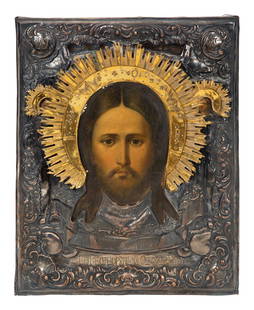 A Russian Parcel-Gilt Silver Oklad Icon: A Russian Parcel-Gilt Silver Oklad Icon depicting the Holy Mandylion. Height 12 1/4 x width 9 5/8 inches. This lot is located in Palm Beach.