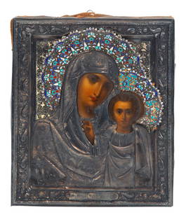 A Russian Silver and Enamel Oklad Icon: A Russian Silver and Enamel Oklad Icon 19th Century depicting the Virgin and Child. marked with 84 standard lower right corner Height 10 x width 9 inches. This lot is located in Palm Beach.