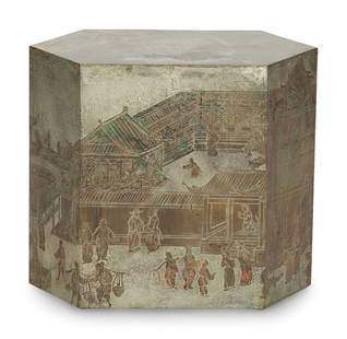 A Philip and Kelvin LaVerne Lo Ta Hexagonal Cube Side Table: A Philip and Kelvin LaVerne Lo Ta Hexagonal Cube Side Table American, 1965 signed on one side panel; etched and patinated pewter and bronze with enamel decoration. Height 16 x width 18 x depth 10 inch