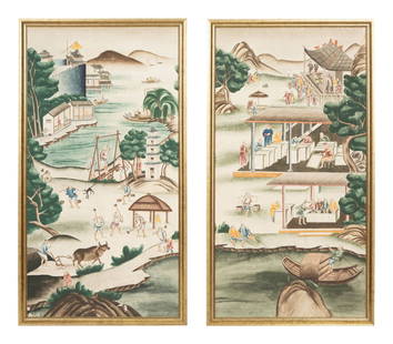 A Pair of Framed Chinese Wallpaper Panels: A Pair of Framed Chinese Wallpaper Panels depicting landscape and courtyard settings. Height 60 x width 33 inches. This lot is located in Palm Beach.