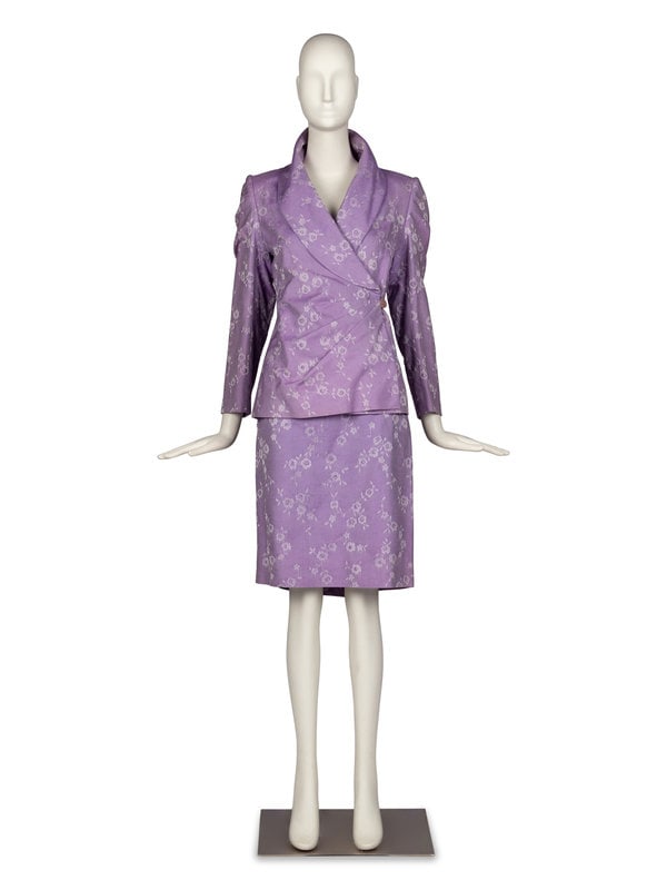Alexander McQueen for Givenchy Suit, 1998: Alexander McQueen for Givenchy Suit, 1998 This lot contains one jacket and one skirt.THE FIRSTShawl-collar lilac blazer in cotton floral jacquard. Single-button closure at front, addi