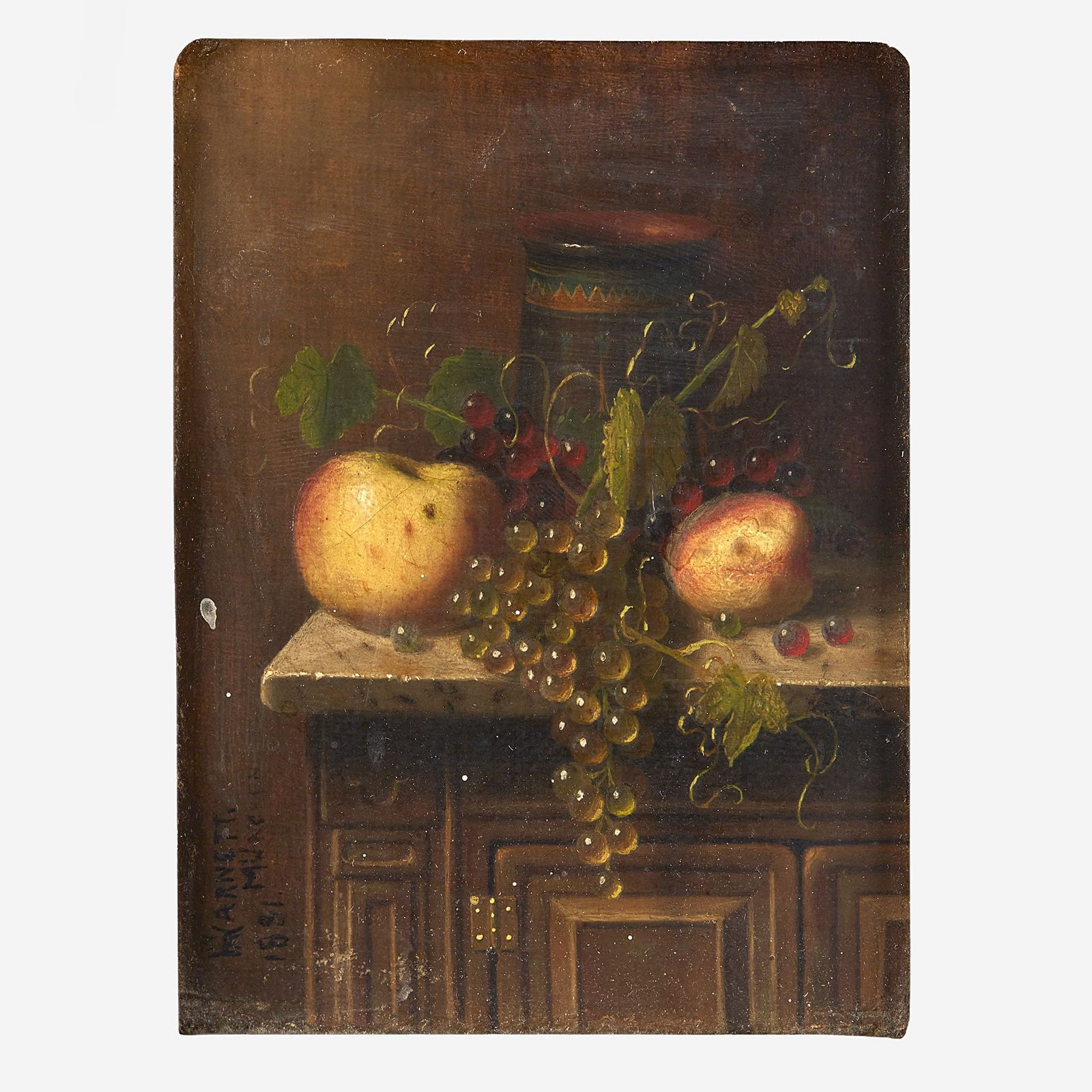 William Michael Harnett (American, 1848–1892) - Still Life with Egyptian Vase, Apples and: William Michael Harnett (American, 1848–1892) - Still Life with Egyptian Vase, Apples and Grapes on a Marble Top Console Signed with conjoined initials, located and dated 'WMHARNETT/Munchen/1881