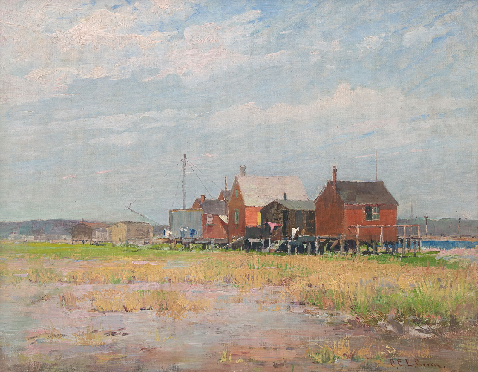 Charles Edwin Lewis Green (American, 1844-1915) - Fishing Shacks on the Saugus River: Charles Edwin Lewis Green (American, 1844-1915) - Fishing Shacks on the Saugus River Signed ‘C.E.L.Green' bottom right, oil on canvas 14¼ x 18¼ in. (36.2x46.4cm) Provenance Private Col