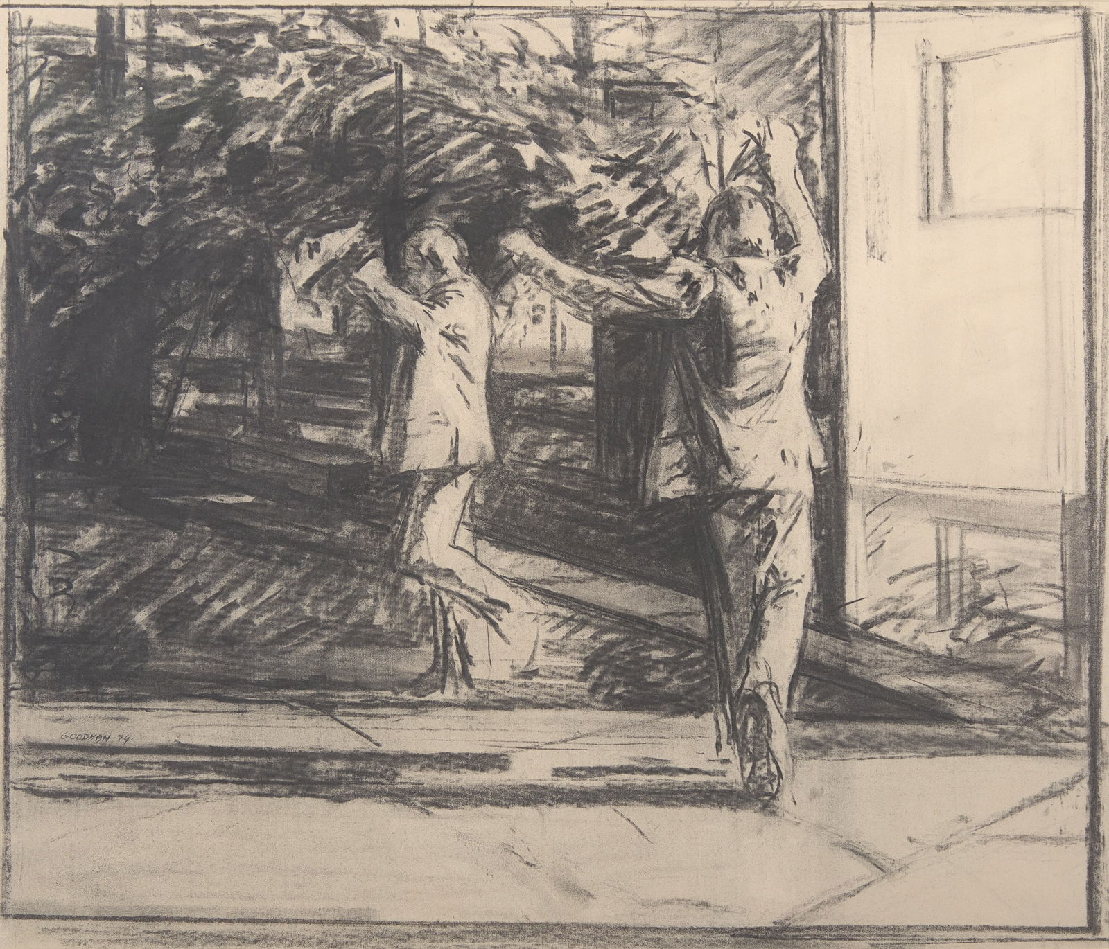Sidney Goodman (American, 1936–2013) - Two Kids Playing: Sidney Goodman (American, 1936–2013) - Two Kids Playing Signed ‘Goodman 74’ bottom left, charcoal on canvas paper Sheet size: 29 ½ x 34 ½ in. (73.7x86.4cm) Provenance Priva