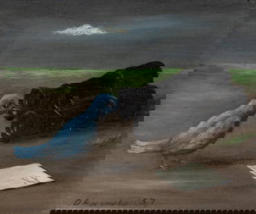 Gertrude Abercrombie (American, 1909-1977) Bluebird and Spy Glasses (Binoculars), 1957: Gertrude Abercrombie (American, 1909-1977) Bluebird and Spy Glasses (Binoculars), 1957 oil on masonite signed Abercrombie and dated (lower left) 4 1/2 x 5 1/4 inches. We are grateful for the research