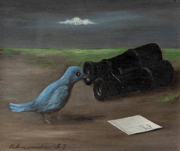 Gertrude Abercrombie (American, 1909-1977) Bluebird and Spy Glasses (Binoculars), 1957: Gertrude Abercrombie (American, 1909-1977) Bluebird and Spy Glasses (Binoculars), 1957 oil on masonite signed Abercrombie and dated (lower left) 4 1/2 x 5 1/4 inches. We are grateful for the research