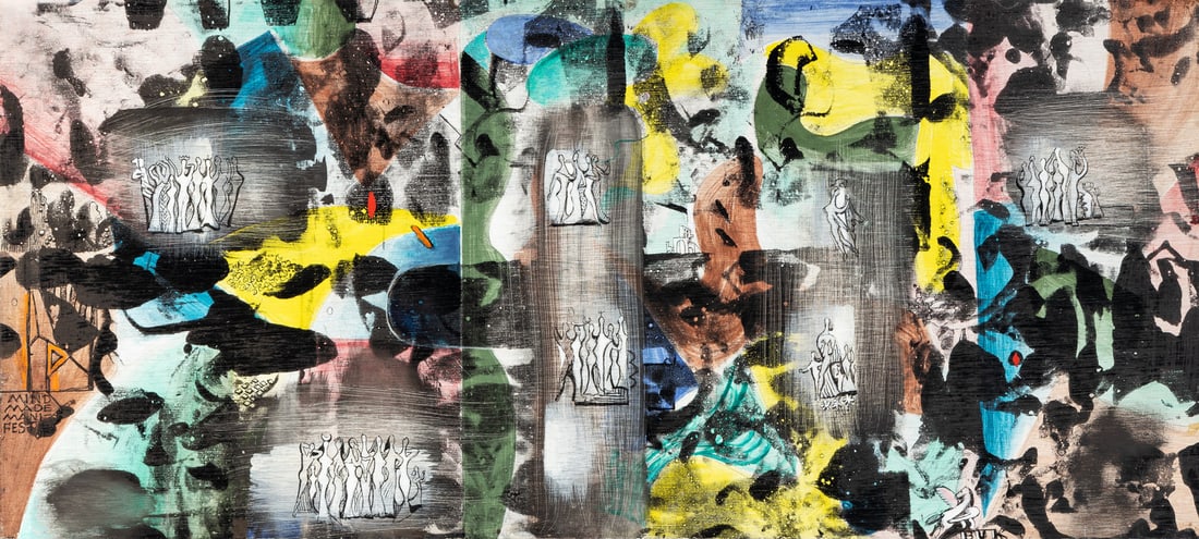 Eduard Buk Ulreich (American, 1889-1966) MIND MADE MANIFEST / In HIM We Live and Move and Have Our: Eduard Buk Ulreich (American, 1889-1966) MIND MADE MANIFEST / In HIM We Live and Move and Have Our Being oil on board (painted both recto and verso) initialed BUK (lower right) and titled (lower left)