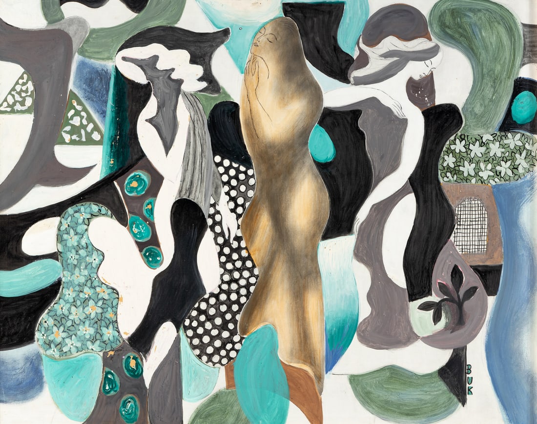 Eduard Buk Ulreich (American, 1889-1966) Woman in Abstract Forms, c. 1960's: Eduard Buk Ulreich (American, 1889-1966) Woman in Abstract Forms, c. 1960's oil on board initialed BUK (lower right) 24 x 30 inches.