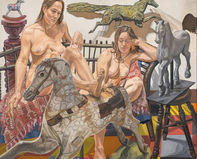 Philip Pearlstein (American, 1924-2022) Models with Folk Art Horses, 1992: Philip Pearlstein (American, 1924-2022) Models with Folk Art Horses, 1992 oil on linen signed Pearlstein and dated (lower left) 60 x 74 inches. Provenance: Hirschl & Adler Modern, New York Robert