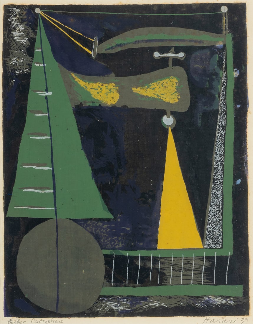 Hananiah Harari (American, 1912–2000) Weather Contraptions, 1939: Hananiah Harari (American, 1912–2000) Weather Contraptions, 1939 screenprint signed, titled, and dated in pencil 12 3/8 x 9 1/2 inches.