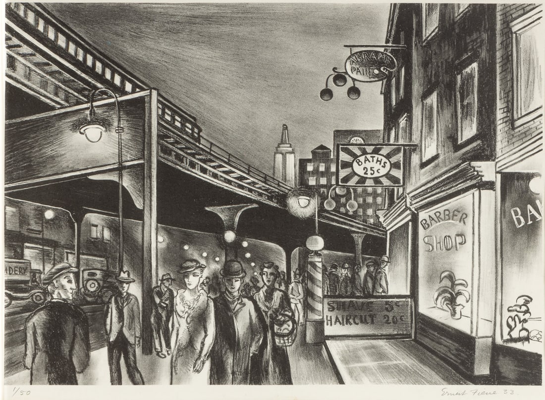 Ernest Fiene (American, 1894–1965) Untitled (Street Scene), 1933: Ernest Fiene (American, 1894–1965) Untitled (Street Scene), 1933 lithograph signed, dated, and numbered 1/50 in pencil 9 1/4 x 13 inches.
