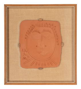 Pablo Picasso (Spanish, 1881-1973) Visage à la fraise, 1971 (A.R. 625): Pablo Picasso (Spanish, 1881-1973) Visage à la fraise, 1971 (A.R. 625) terracotta plaque numbered 18/200 and inscribed 'Edition Picasso Poinçons Originaux' and 'Madoura' 14 x 12 inches. Lite
