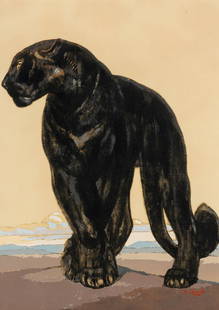Paul Jouve (French, 1878-1973) Panthère noire debout, ca. 1927: Paul Jouve (French, 1878-1973) Panthère noire debout, ca. 1927 lithograph with Jacomet process signature printed in plate 22 1/4 x 15 3/4 inches. Published by Daniel Jacomet, Paris