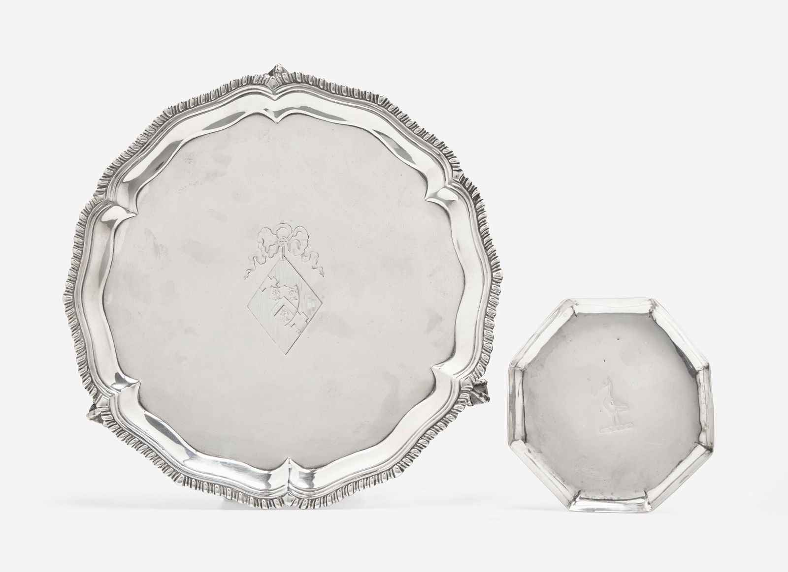 A George III sterling silver salver, John Carter II, London, 1769, and a small Irish George II (1 of 3)