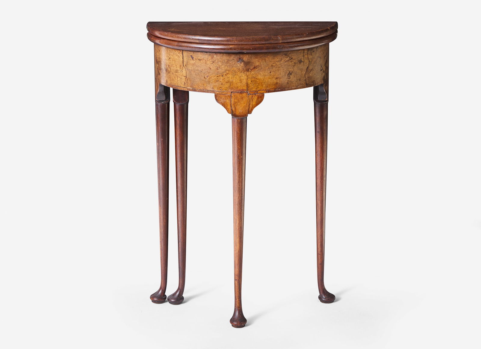 A diminutive Queen Anne burl walnut demilune games table, probably 19th century With flip top, rear (1 of 2)