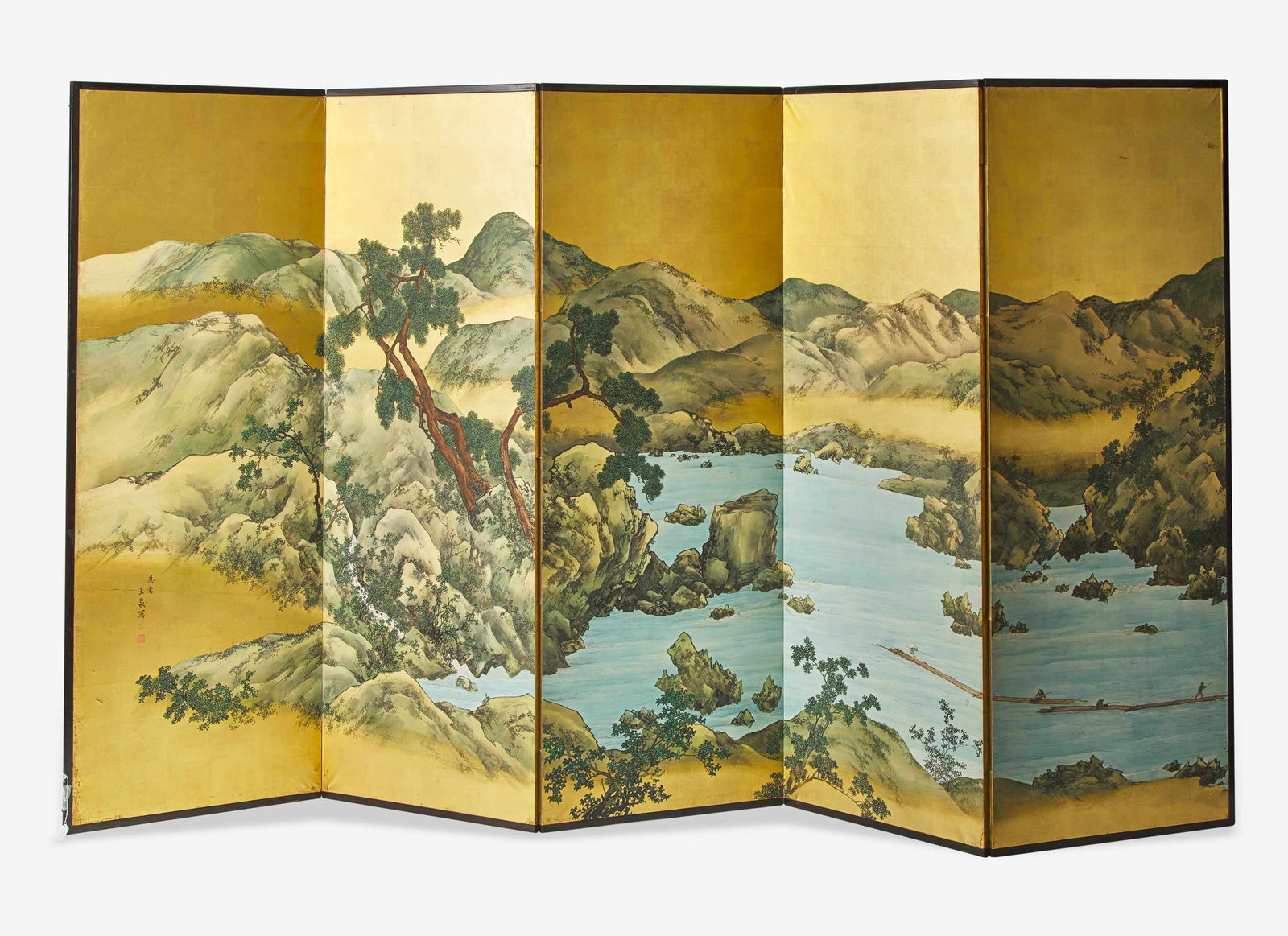 Yamada Bunko (Japanese, 1846-1902), A Five-Panel Landscape Screen   Depicting a mountainous river (1 of 1)