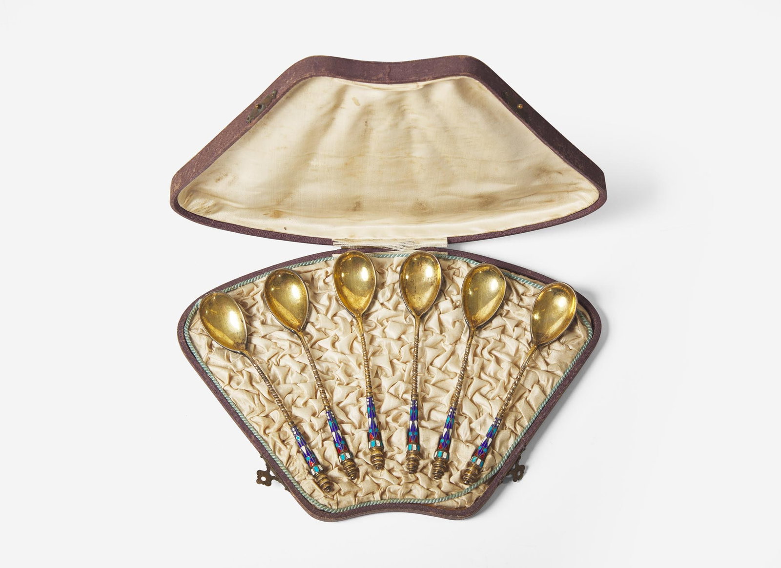 A cased set of six Russian silver gilt and shaded enamel spoons, maker's mark indistinct, Assay (1 of 5)