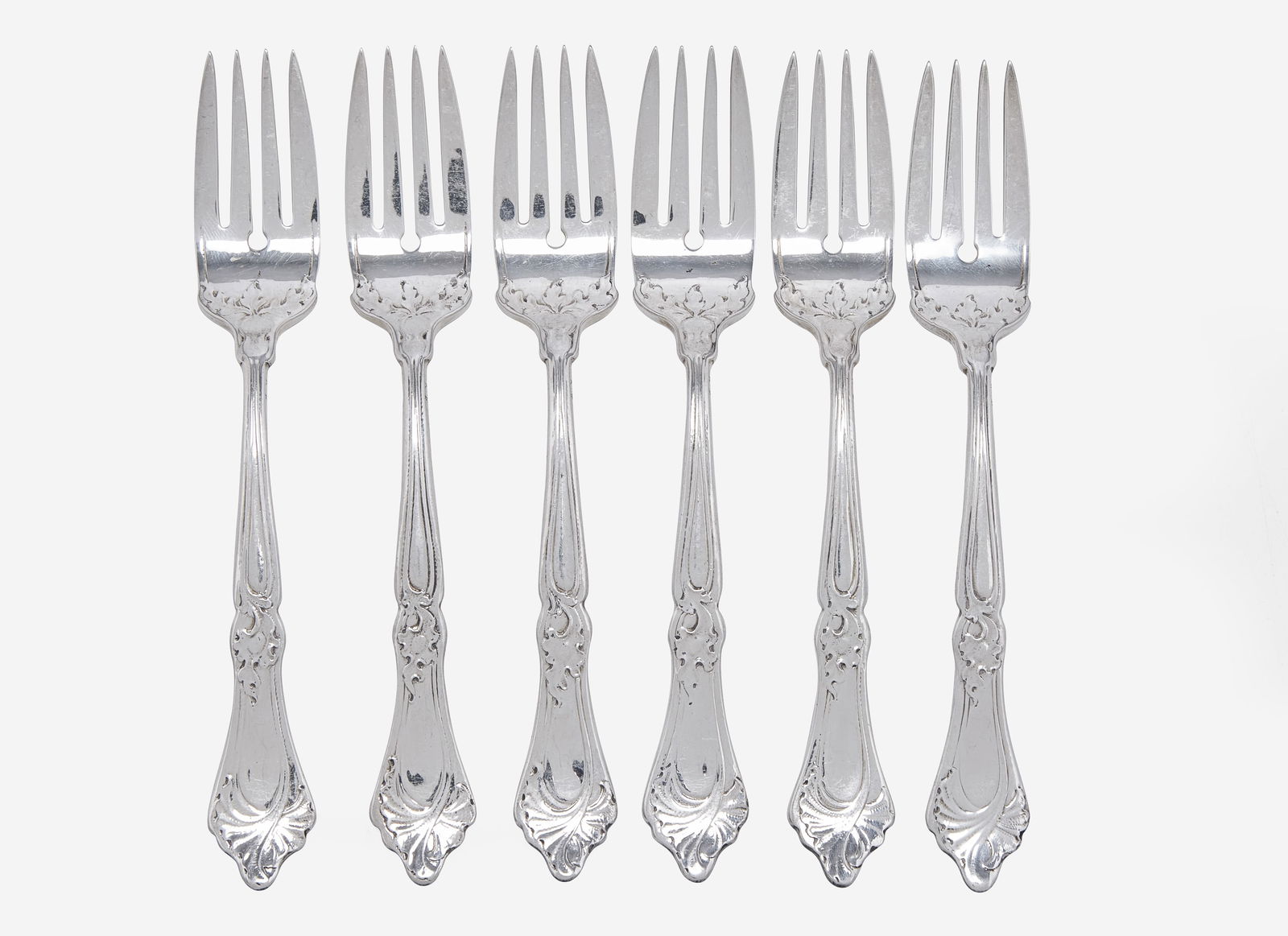 A set of six Art Nouveau .9584 silver salad forks, Martelé, Gorham Mfg. Co., Providence, RI, (1 of 2)