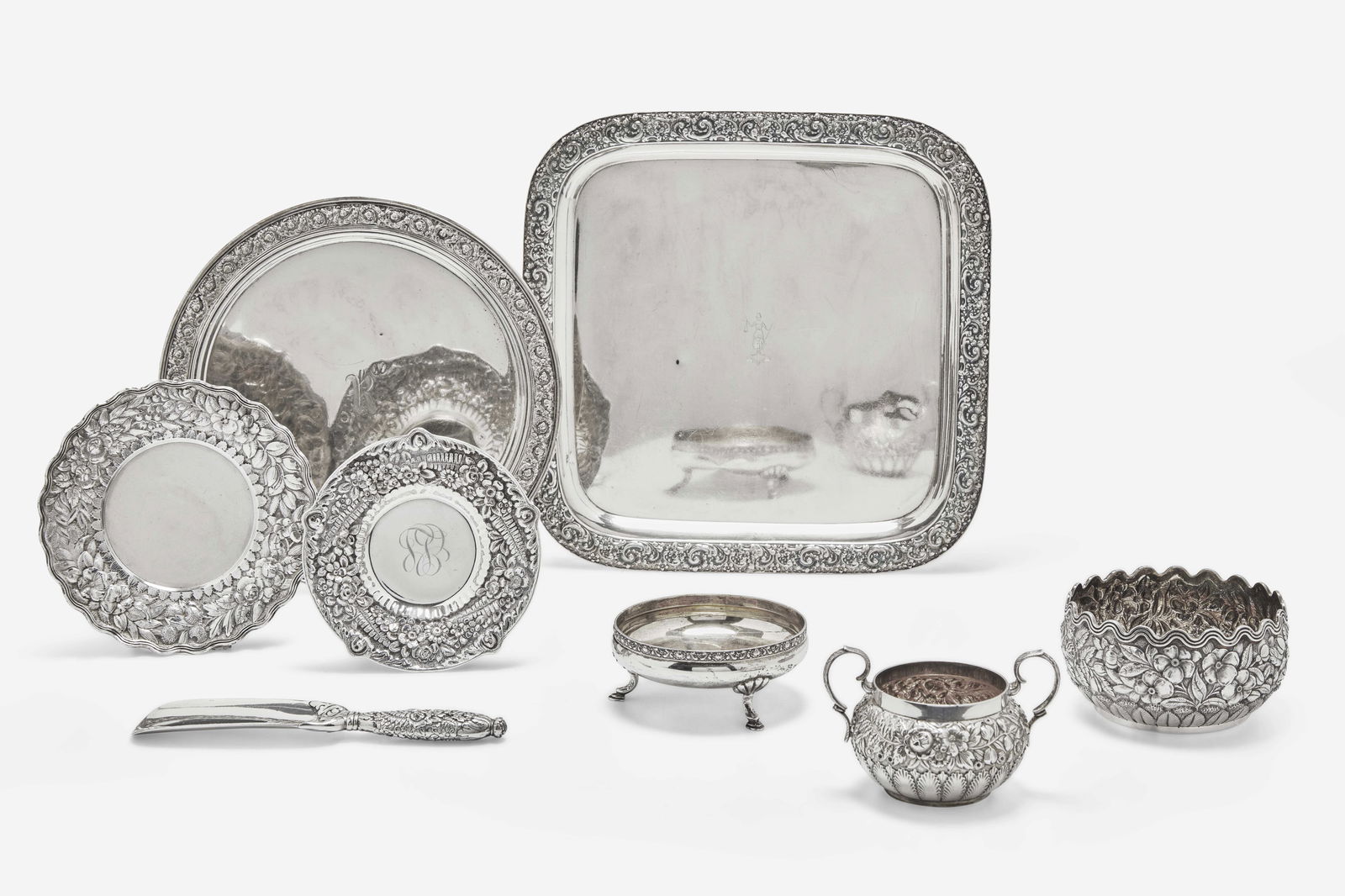 An assembled group of eight sterling silver floral cast and repoussé items, Tiffany & Co., New (1 of 3)
