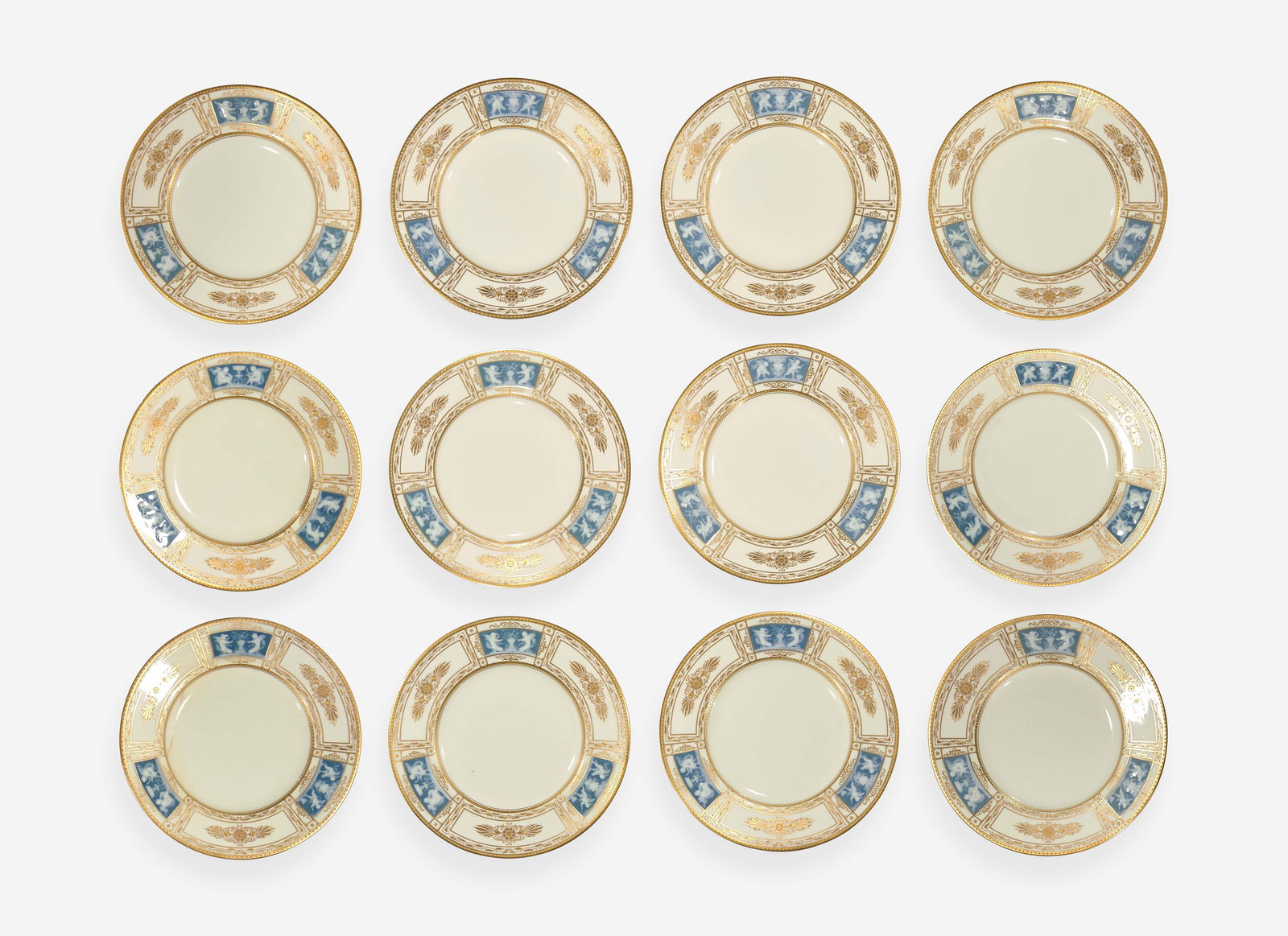 A set of twelve pate-sur-pate gilt and enameled porcelain luncheon plates, Minton, England, retailed (1 of 3)