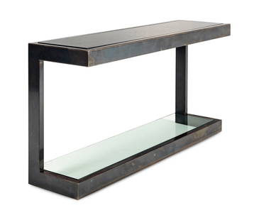 A Contemporary Steel, Granite and Glass Console Table: A Contemporary Steel, Granite and Glass Console Table Height 36 x width 72 x depth 20 inches.