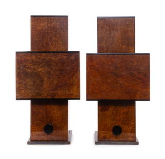 Willy Rizzo (Italian, 1928-2013): Willy Rizzo (Italian, 1928-2013) Pair of 'Love' Table Lamps, c. 1970 burl amboyna veneers, brass signed on base Height 28 x width 13 1/2 x depth 13 1/4 inches. Provenance: Van den Akker, New York.