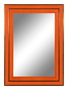 A Contemporary Orange Lacquer and Brass Mirror: A Contemporary Orange Lacquer and Brass Mirror Height 36 1/4 x width 26 1/8 inches.