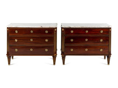 A Pair of Swedish Neoclassical Gilt Metal Mounted Mahogany Marble-Top Commodes: A Pair of Swedish Neoclassical Gilt Metal Mounted Mahogany Marble-Top Commodes Attributed to Anders Anderson Lundelius, Circa 1790 Height 34 x width 43 x depth 20 1/2 inches. Provenance: Mallett, New