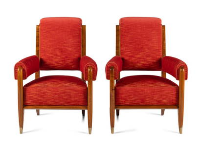 Léon and Maurice Jallot (French, 1874-1967 and 1900-1971): Léon and Maurice Jallot (French, 1874-1967 and 1900-1971) Pair of Armchairs, circa 1940 anigre veneers, patinated bronze, upholstery Height 37 x width 27 1/4 x depth 26 inches. Provenance: Karl K