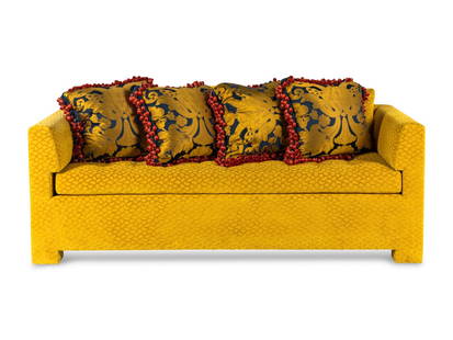 A John Boone St. Thomas Sofa with Custom Upholstery: A John Boone St. Thomas Sofa with Custom Upholstery labeled for maker beneath cushion; with four decorative throw pillows. Height 30 x width 83 1/2 x depth 40 inches.