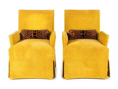 A Pair of George Smith La Rizza Armchairs with Custom Upholstery: A Pair of George Smith La Rizza Armchairs with Custom Upholstery each with a leopard velvet bolster pillow. Height 38 x width 28 x depth 29 inches.
