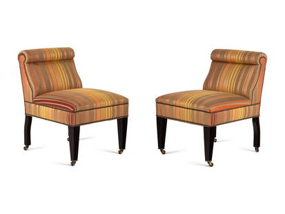 A Pair of George Smith Custom Upholstered Slipper Chairs: A Pair of George Smith Custom Upholstered Slipper Chairs Height 32 x width 22 x depth 26 1/2 inches.