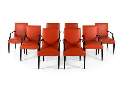 A Set of Eight Dessin Fournir Claflin Dining Chairs: A Set of Eight Dessin Fournir Claflin Dining Chairs with leather upholstery. Height 38 x width 23 x depth 24 inches.