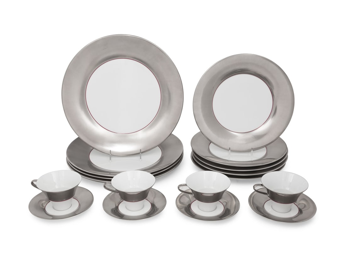 A Hering Berlin Polite Platinum Porcelain Dinner Service: A Hering Berlin Polite Platinum Porcelain Dinner Service comprising: 12 dinner plates 12 salad plates 12 teacups 12 saucers; 48 items total. Diameter of dinner plate 14 1/2 inches.