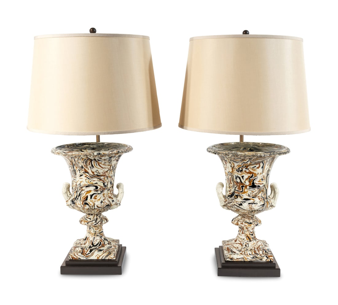 A Pair of Marble-Glazed Terracotta Urns Mounted as Lamps (1 of 10)