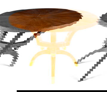 A Continental Brass Mounted Radially-Veneered Center Table: A Continental Brass Mounted Radially-Veneered Center Table Early 20th Century Height 28 x diameter 41 1/2 inches.