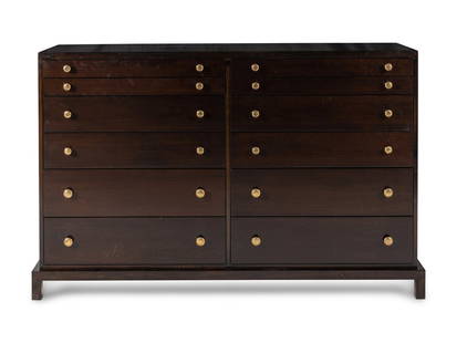 A Widdicomb Walnut and Bronze Chest of Drawers: A Widdicomb Walnut and Bronze Chest of Drawers American, 20th Century Height 44 1/4 x width 69 1/2 x depth 21 inches.