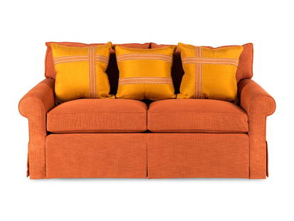 A George Smith Two-Cushion Sofa with Custom Upholstery and Throw Pillows: A George Smith Two-Cushion Sofa with Custom Upholstery and Throw Pillows the upholstery by Andrews and Abby Riley Upholstering, Kansas City, MO. Height 37 x width 70 x depth 38 inches.