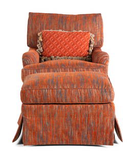 A George Smith Easy Chair and Ottoman with Custom Upholstery: A George Smith Easy Chair and Ottoman with Custom Upholstery with a custom upholstered bolster pillow. Height 31 x width 32 1/2 x depth 37 inches; height of ottoman 17 inches.