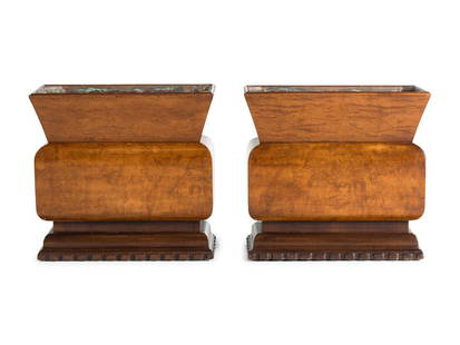 A Pair of Art Deco Burl Walnut Planters: A Pair of Art Deco Burl Walnut Planters First Half 20th Century Height 25 x width 26 x depth 11 1/2 inches.