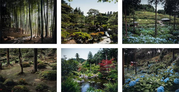 John Faier (American, 20th/21st Century): John Faier (American, 20th/21st Century) Japanese Gardens (three framed sets of two images each) photograph Frame (each): 49 x 33 inches; images size (each) 20 x 26 inches.