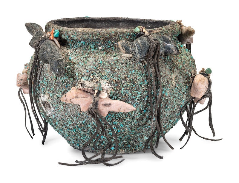 Edna Leki, Attributed
(Zuni, 1924-2003)
Turquoise Encrusted Pottery Fetish Bowl (1 of 5)