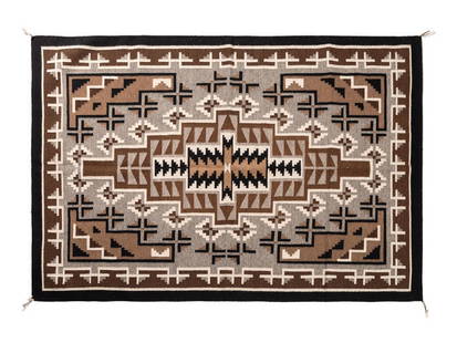 Mary Henderson (Diné, 20th century) Navajo Two Grey Hills Weaving / Rug: Mary Henderson (Diné, 20th century) Navajo Two Grey Hills Weaving / Rug finely woven flat weave designed using grays and browns; having a traditional layout with triangular anchor points amd cent