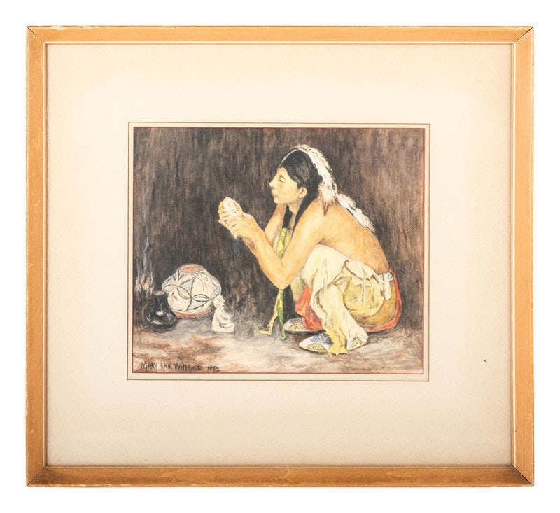 The Primitive Sculptor: The Primitive Sculptor after Joseph Henry Sharp; signed MARY ANN WILLIAM and dated lower left; titled on verso with a note that reads, "Mary Ann McCready Christmas 1952 fr