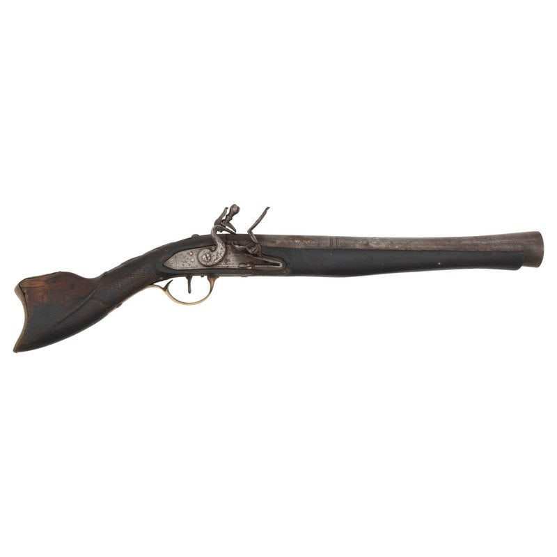 Altered and Repaired Ottoman Knee Pistol: Altered and Repaired Ottoman Knee Pistol Nominally .65 caliber with muzzle flaring to 1.35". 13" pinned two-stage octagon to round blunderbuss style barrel. SN: NSN. Bright finish, brass furniture, ha