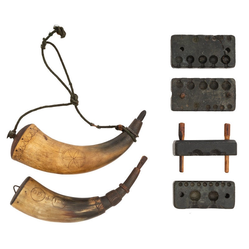 Two Folk Art Carved Priming Horns and Two Stone Bullet Molds (1 of 7)