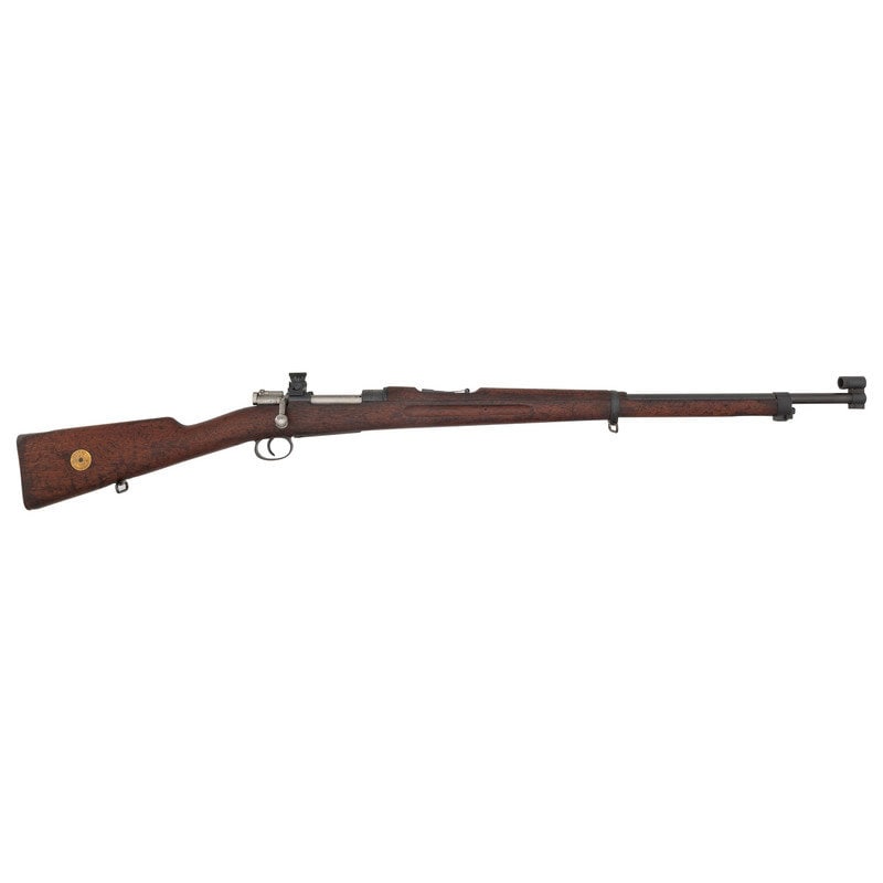 ** Swedish Mauser M/1896 with Aftermarket Target Sights: ** Swedish Mauser M/1896 with Aftermarket Target Sights 6.5x55mm. 29.1" barrel length. SN: HK430341. Blued metal finish with polished bolt in a straight wrist wood stock with finger grooves and half l