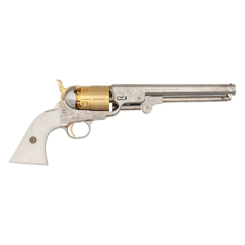 Pietta Limited Edition 1851 Colt Lone Star Commemorative in Box: Pietta Limited Edition 1851 Colt Lone Star Commemorative in Box .44" Caliber. 7.375" barrel length. SN: 000329. Nickel finish overall with gold plated hammer, trigger, and cylinder, and mounting imita