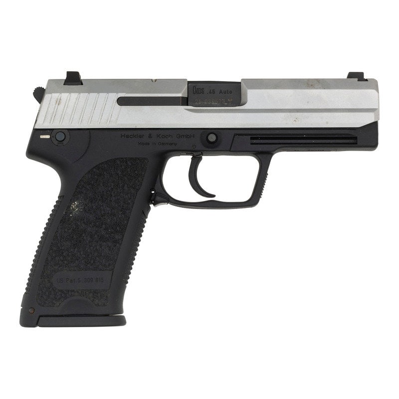 * Heckler & Koch HK USP .45: * Heckler & Koch HK USP .45 .45 ACP. 4.375" barrel length. SN: 25-039573. Matte stainless steel finish to the slide with black synthetic frame and small parts. DA/SA short recoil operated autoload